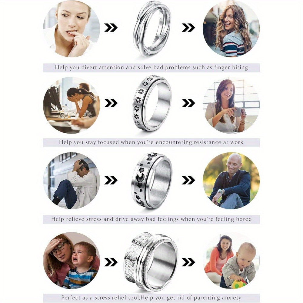 5pcs Fidget Ring Spinner Ring Fidget Rings for Women 316L Stainless Steel Rings Set Size 5/6/7