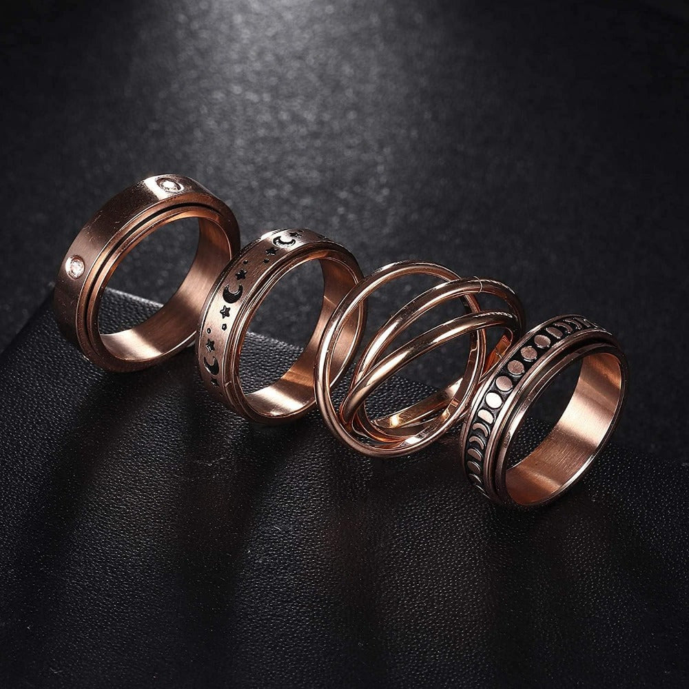 4pcs Stainless Steel Spinner Rings Set - Triple Interlocked Celtic Moon Star Design, Urban Royal Style, 83.48gal Fidget Band for Women and Men, Rose Golden, Ideal for Halloween, Parties, Gifts - All Season Wear