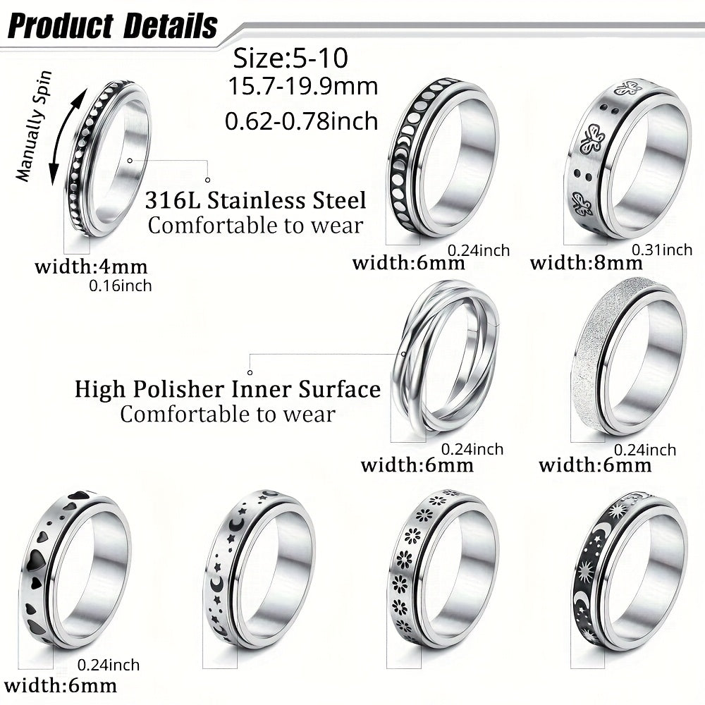 9pcs 316L Stainless Steel Rings for Men Women Hypoallergenic Relieving Stress Fidget Band Spinner Ring Moon Star Sand Blast Finish Ring Set