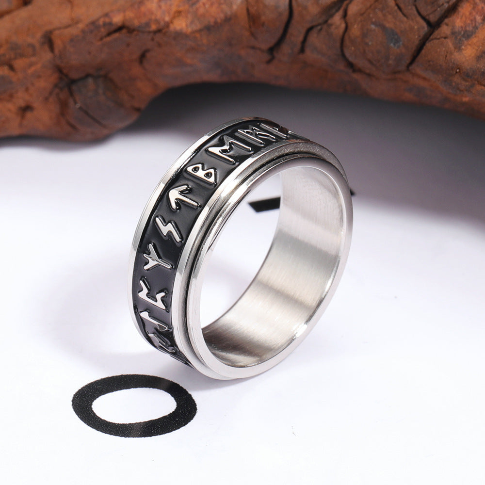 Scandinavian Trendy Viking Letter Rotatable 304L Stainless Steel 's Ring, Fashion Drip Oil Band, for Teenager