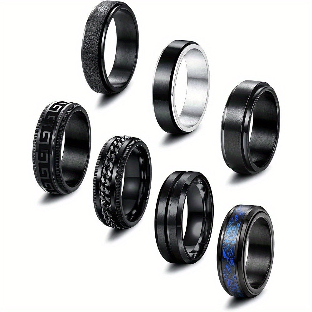 7pcs 316L Stainless Steel Men'S Ring Fidget Rings Cool Chain Inlaid Greek Key Rings Stress Relieving Wide Wedding Promise Band Ring Black Spinner Ring for Men Women