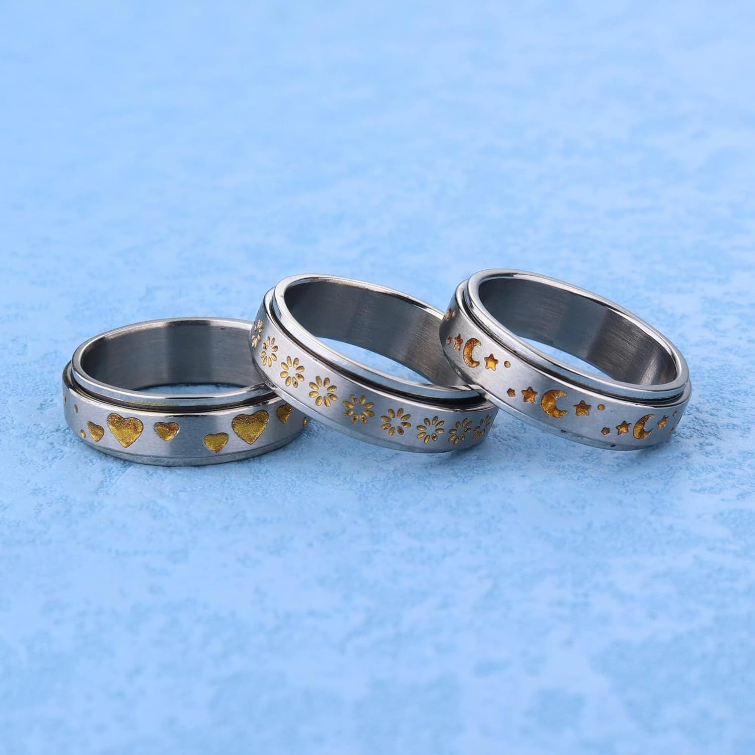 6pcs 316L Stainless Steel Spinner Rings Fidget Rings for Anxiety for Men Anti Anxiety Ring with Beads Sunflower Moon Star Stress Relieving Rings Set, for Teenager