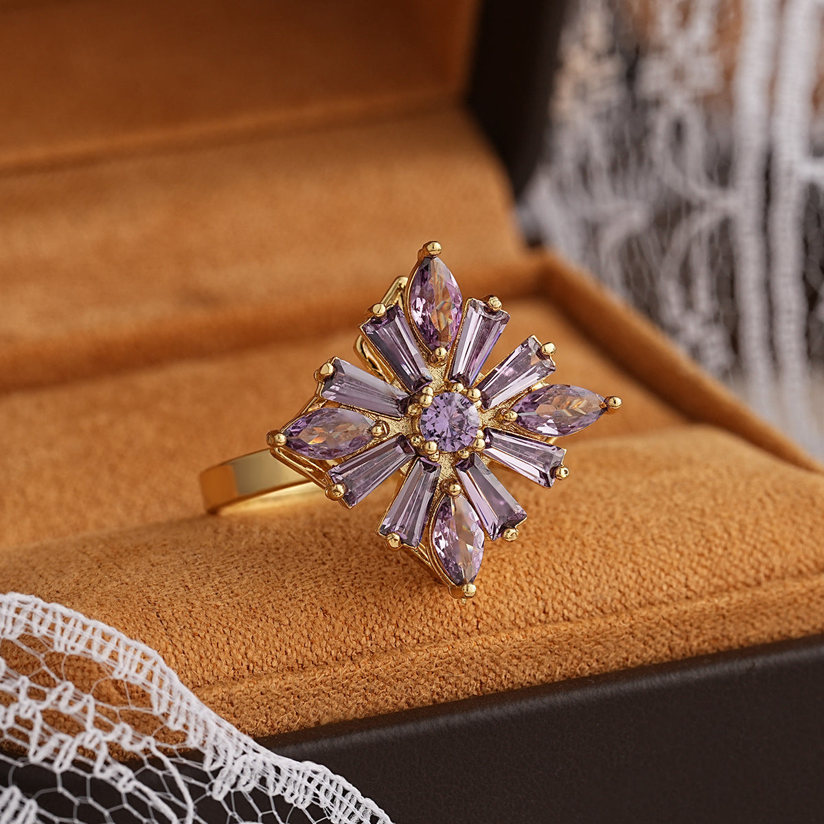 Women's Stainless Steel 360° Rotating Color-Changing Flower Ring - Luxury Multi-Color (Purple, Green, Pink, Red, Clear -Accented) with Rotatable Center, Everyday & Party Jewelry Gift for Birthdays, Christmas, Baptism - Durable & Affordable Rotatable