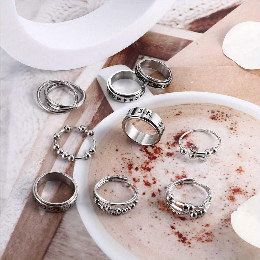 9pcs 316L Stainless Steel Spinner Rings Fidget Rings for Anxiety for Teenager Teenager Anti Anxiety Ring with Beads Flower Moon Star Stress Relieving Rings Set, For Teenager