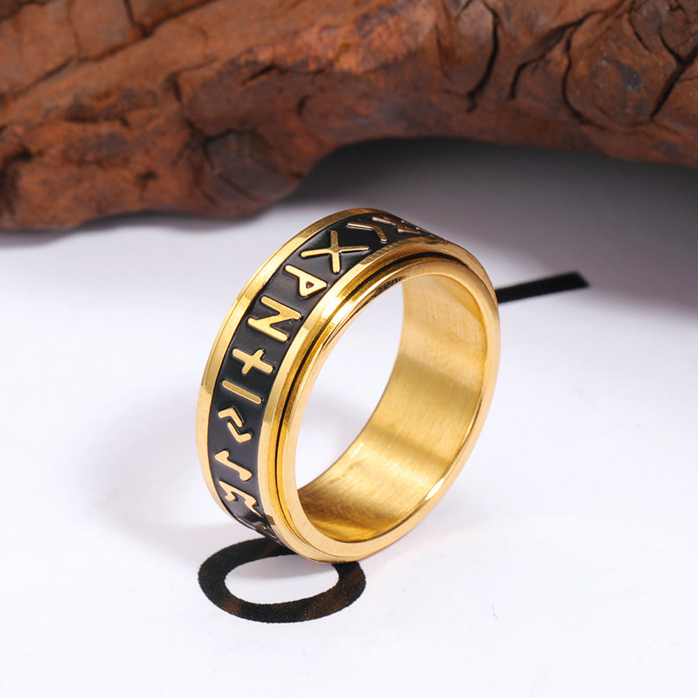 Scandinavian Trendy Viking Letter Rotatable 304L Stainless Steel 's Ring, Fashion Drip Oil Band, for Teenager