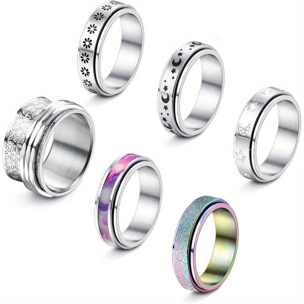 6pcs Fidget Rings for Anxiety 316L Stainless Steel Spinner Band Rings for Teenager Fidget Anxiety Rings Flower Moon Star Rainbow Sand Blast Finished Cool Relieving Rings Set, For Teenager