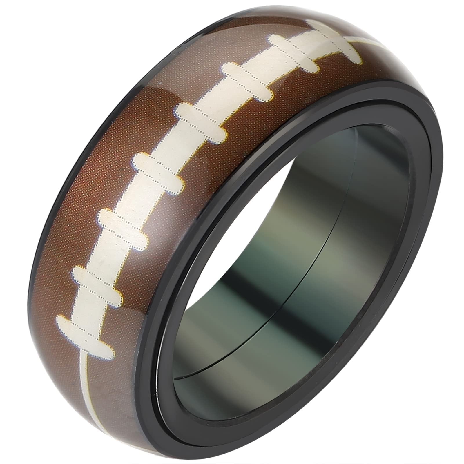 JewelryWe 8mm Spinner Fidget Ring - Stainless Steel Anxiety Ring for Men & Women, Fashion Sports Basketball/Football/Rugby/Baseball Pattern, Black Edge Red Line Ring, Rotatable Design, Durable & Stylish Accessory for Sports & Casual Wear, Sports