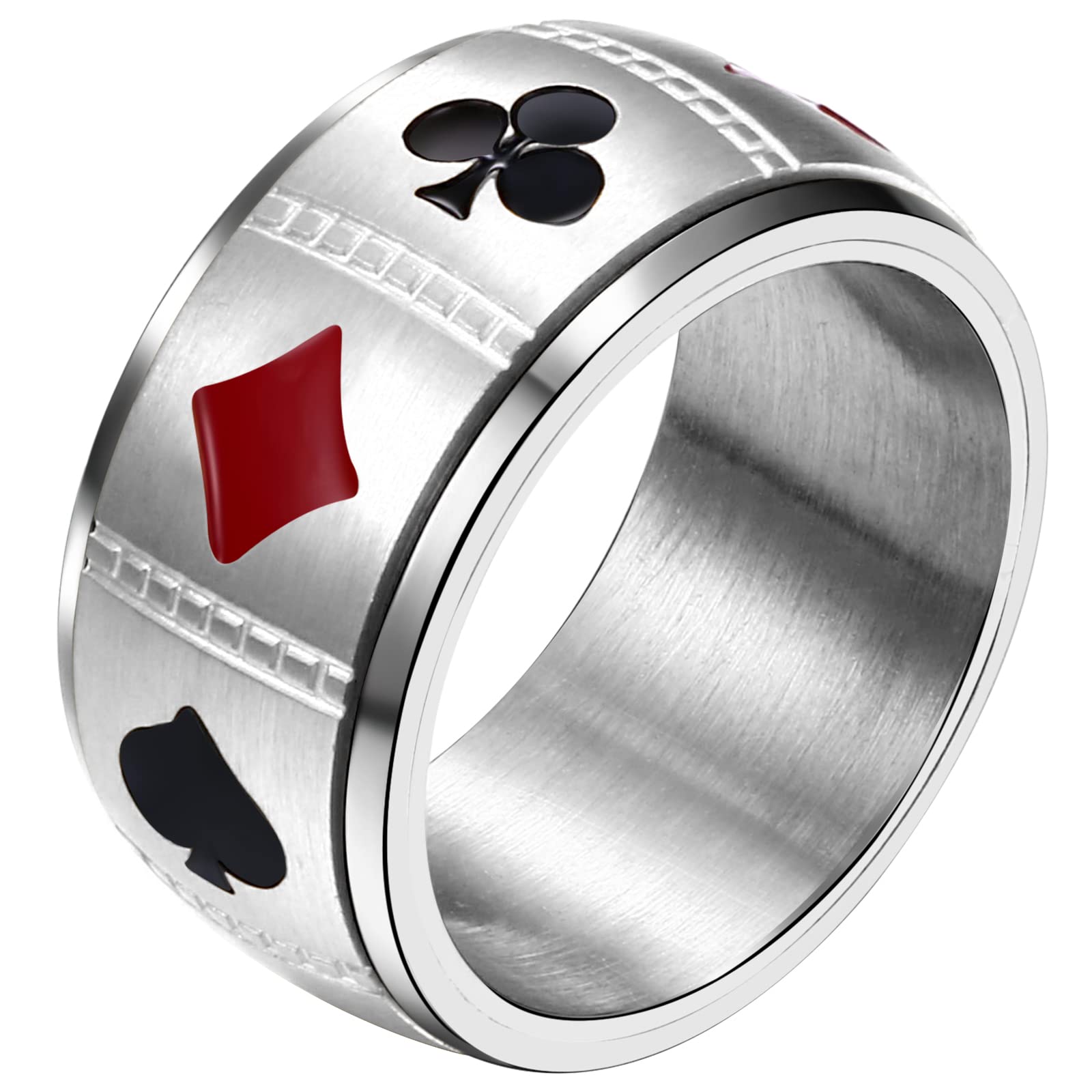JewelryWe 10mm Poker Spinner Ring Ace Spades Playing Card Rotatable Fidget Anxiety Relief Ring Mens Stainless Steel Bands, Silvery Tone(US 10), Focus Aid, Calming Jewelry, Minimalist Jewelry, Modern Fidget, Smooth Finish, Hypoallergenic Ring, Spinning