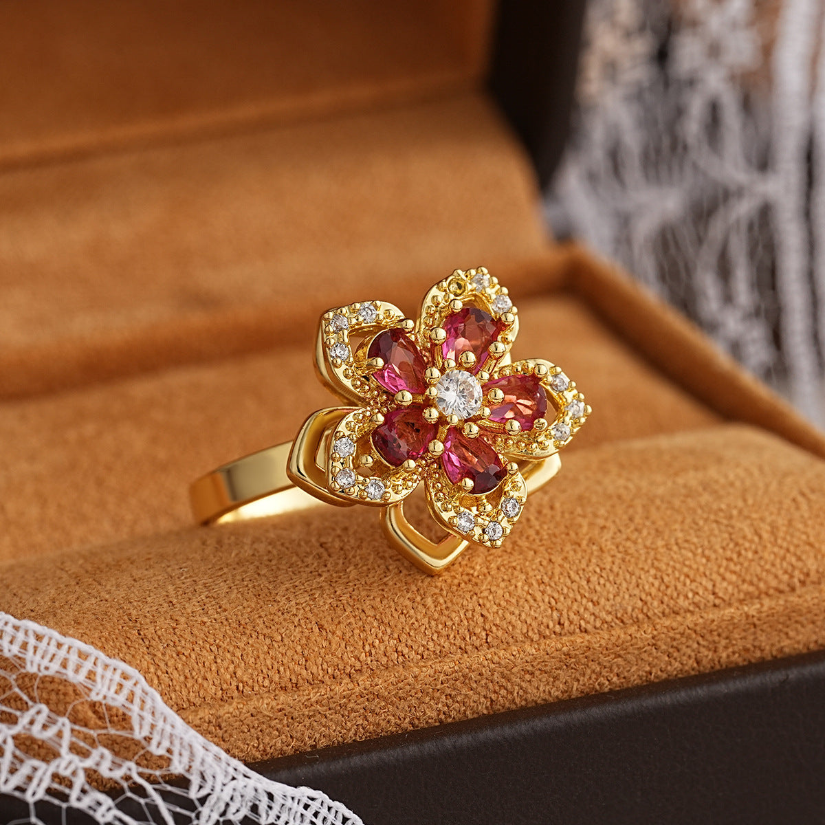 Women's Stainless Steel 360° Rotating Color-Changing Flower Ring - Luxury Multi-Color (Purple, Green, Pink, Red, Clear -Accented) with Rotatable Center, Everyday & Party Jewelry Gift for Birthdays, Christmas, Baptism - Durable & Affordable Rotatable