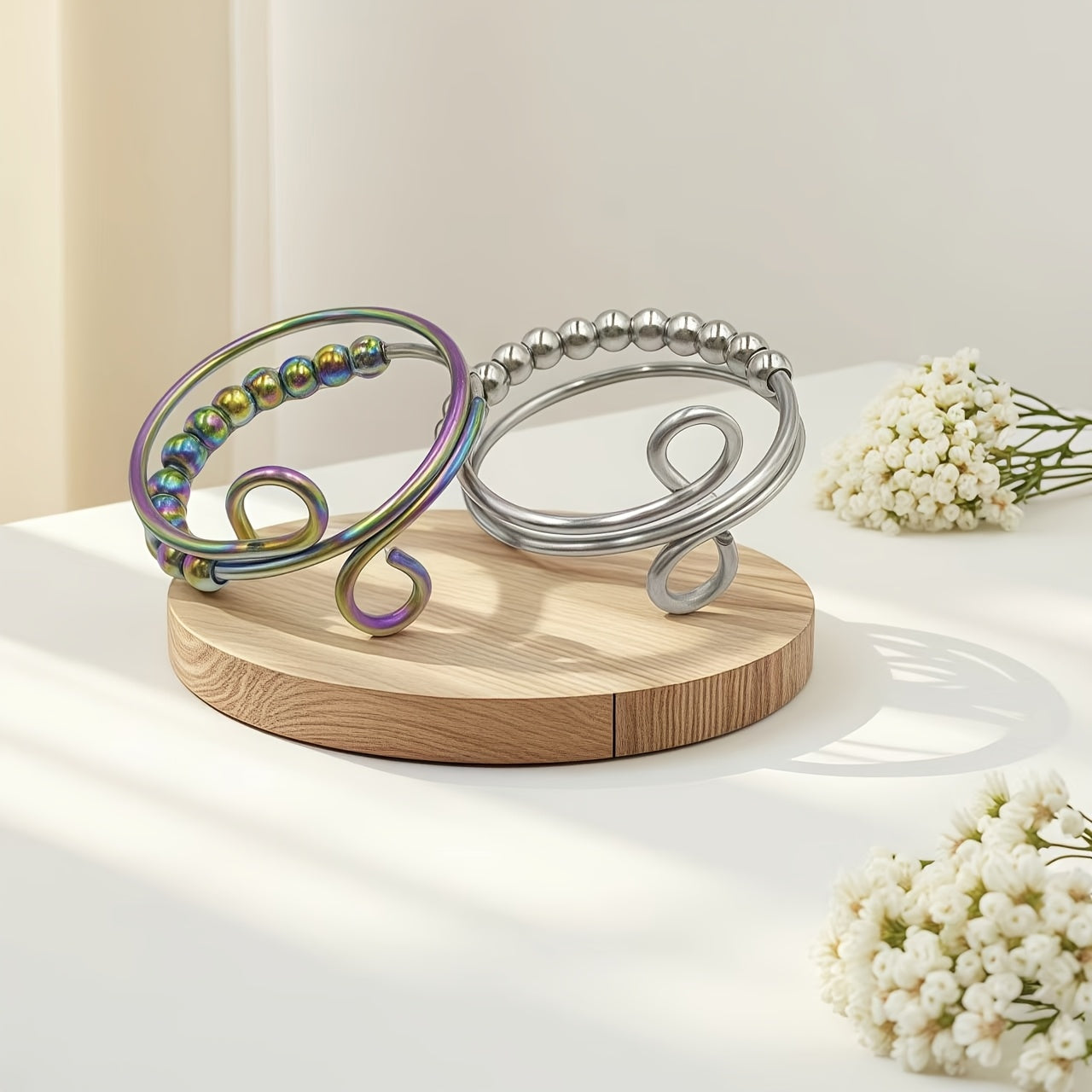 Stylish, Versatile, Non-Fading, Exquisite, Trendy, Minimalist, Luxe, Elegant, 304 Stainless Steel/Colorful 304 Stainless Steel Ten Small Round Beads Rotatable Anxiety Relief Adjustable Ring for Men and Women, Suitable for Outfits, Daily Life, Study, Work,