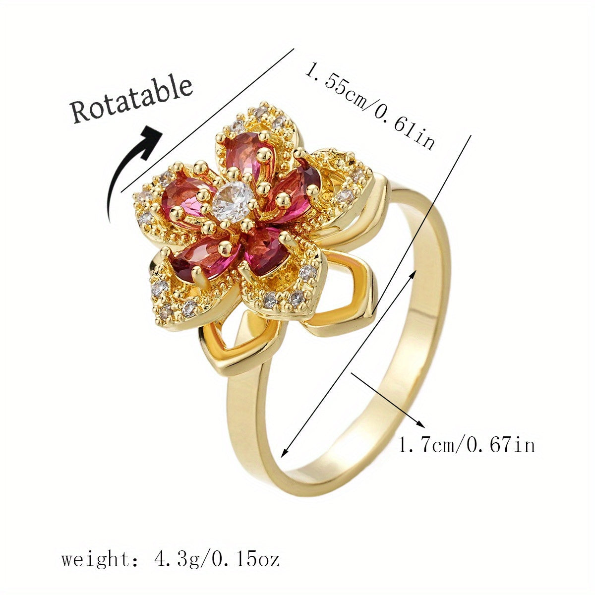 Women's Stainless Steel 360° Rotating Color-Changing Flower Ring - Luxury Multi-Color (Purple, Green, Pink, Red, Clear -Accented) with Rotatable Center, Everyday & Party Jewelry Gift for Birthdays, Christmas, Baptism - Durable & Affordable Rotatable