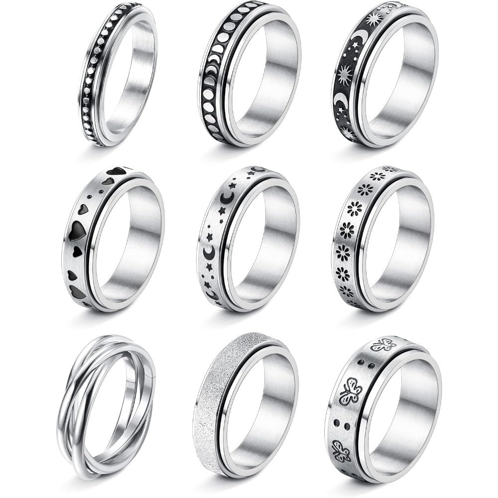 9pcs 316L Stainless Steel Rings for Men Women Hypoallergenic Relieving Stress Fidget Band Spinner Ring Moon Star Sand Blast Finish Ring Set