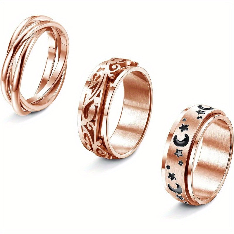 3pcs 316L Stainless Steel Fidget Spinner Rings - Moon & Star Design, Celtic-Inspired Stress-Relieving Spinning Rings for Women & Men, Ideal for Gifting, Sports & Casual Attire, Casual Attire Rings|Stainless Steel Rings|Durable Rings, Fidget Spinner Rings