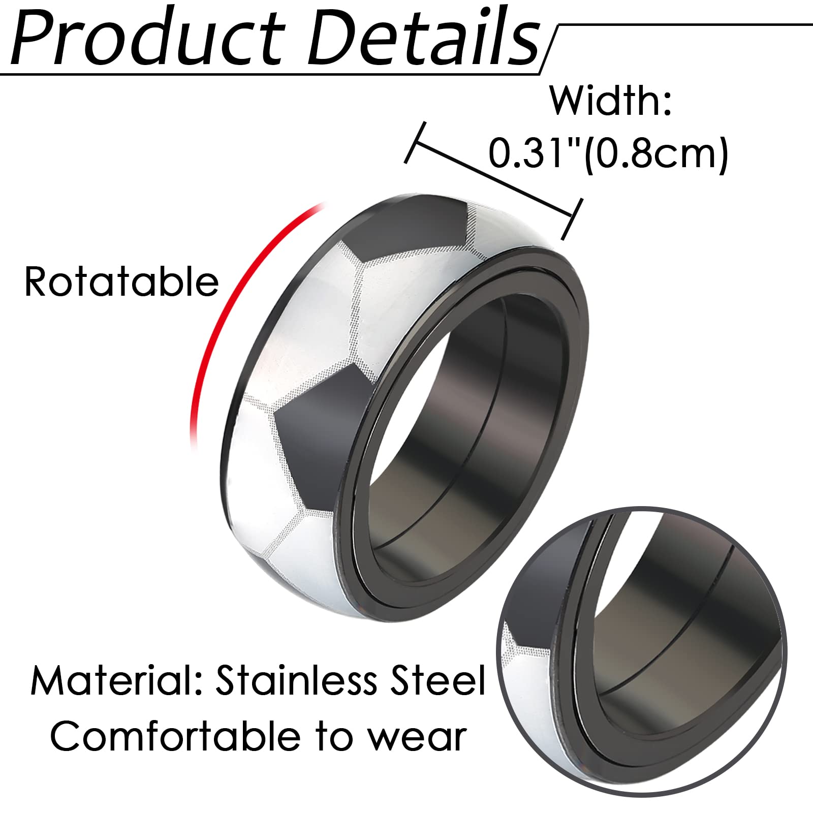 JewelryWe 8mm Spinner Fidget Ring - Stainless Steel Anxiety Ring for Men & Women, Fashion Sports Basketball/Football/Rugby/Baseball Pattern, Black Edge Red Line Ring, Rotatable Design, Durable & Stylish Accessory for Sports & Casual Wear, Sports