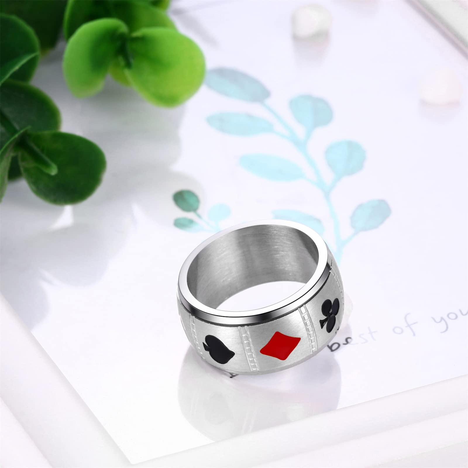 JewelryWe 10mm Poker Spinner Ring Ace Spades Playing Card Rotatable Fidget Anxiety Relief Ring Mens Stainless Steel Bands, Silvery Tone(US 10), Focus Aid, Calming Jewelry, Minimalist Jewelry, Modern Fidget, Smooth Finish, Hypoallergenic Ring, Spinning