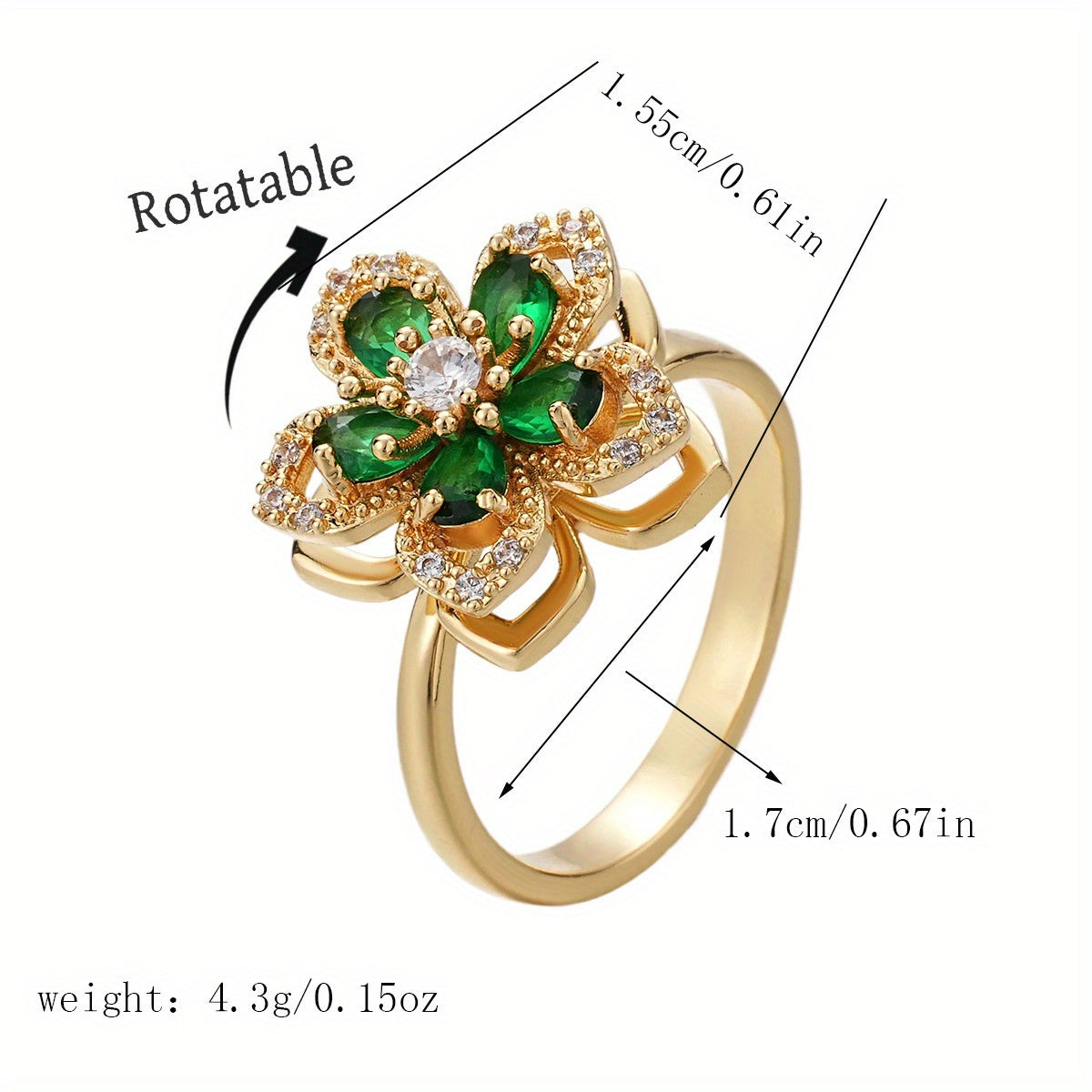 Women's Stainless Steel 360° Rotating Color-Changing Flower Ring - Luxury Multi-Color (Purple, Green, Pink, Red, Clear -Accented) with Rotatable Center, Everyday & Party Jewelry Gift for Birthdays, Christmas, Baptism - Durable & Affordable Rotatable