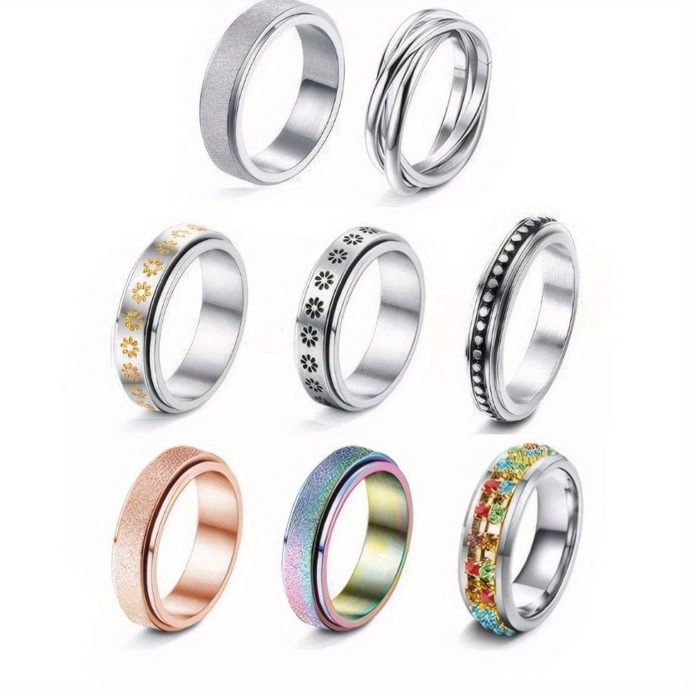 8pcs 316L Stainless Steel Rotate Decompression Business elites Rings for Men Women Small Star Moon Bar Ring Sets
