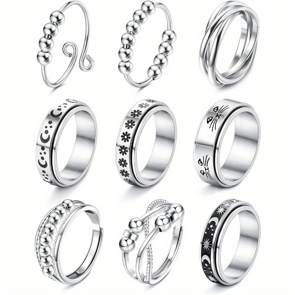 9pcs 316L Stainless Steel Spinner Rings Fidget Rings for Anxiety for Teenager Teenager Anti Anxiety Ring with Beads Flower Moon Star Stress Relieving Rings Set, For Teenager
