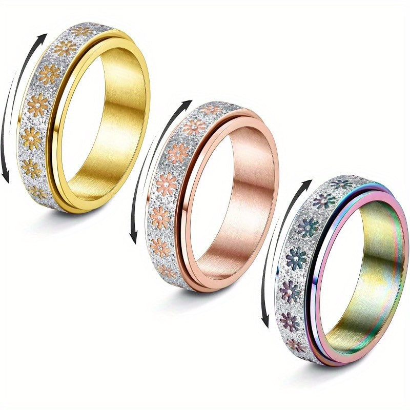 3pcs Fidget Ring Anxiety Ring for Men Women 316L Stainless Steel Spinner Rings for Anxiety Golden/Rose Golden/Rainbow Flower Relieving Anxiety Ring Sets