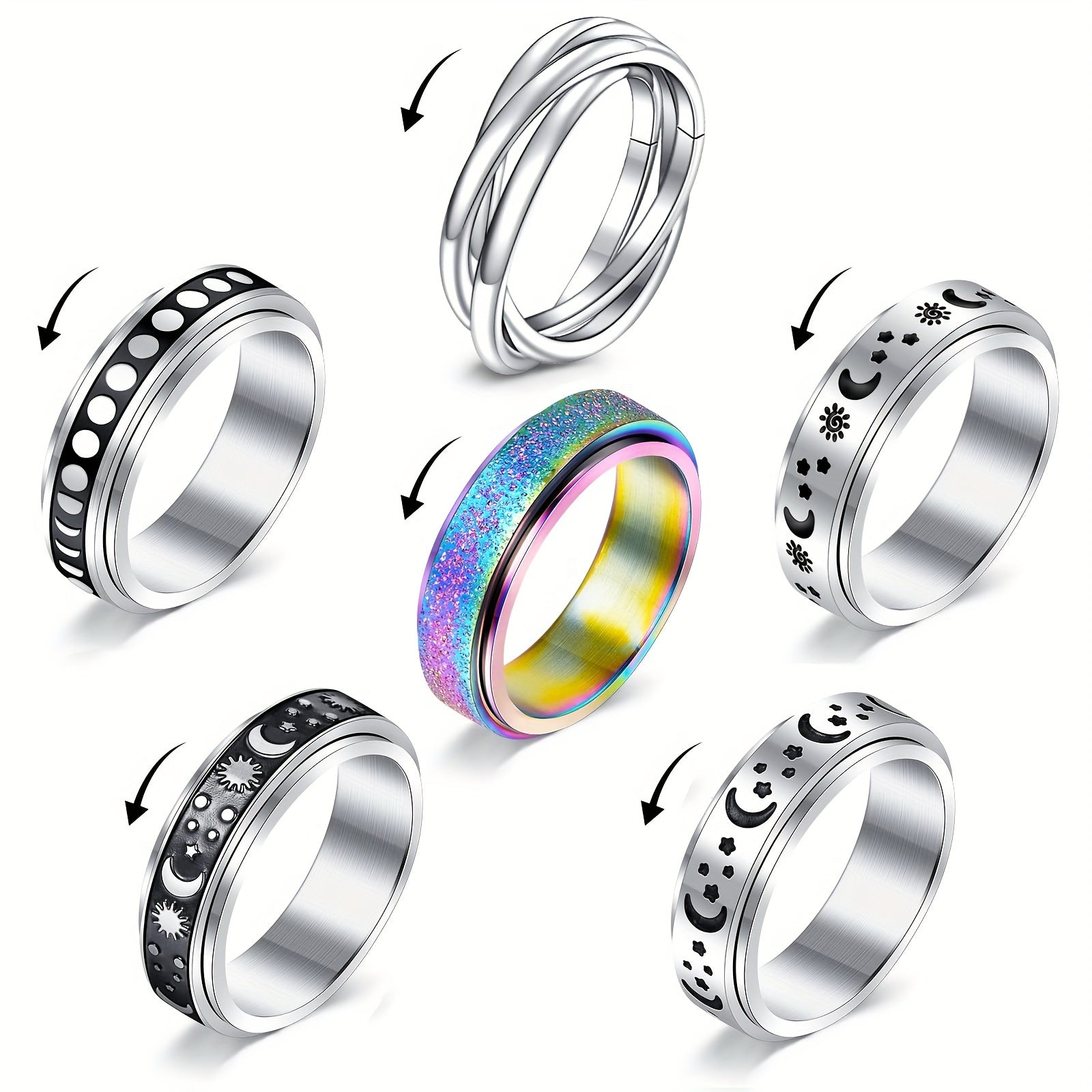 6pcs Rotatable Stainless Steel Punk Style Relax Rings, Rotatable Relax Fashion Rings, Size 6/7/8