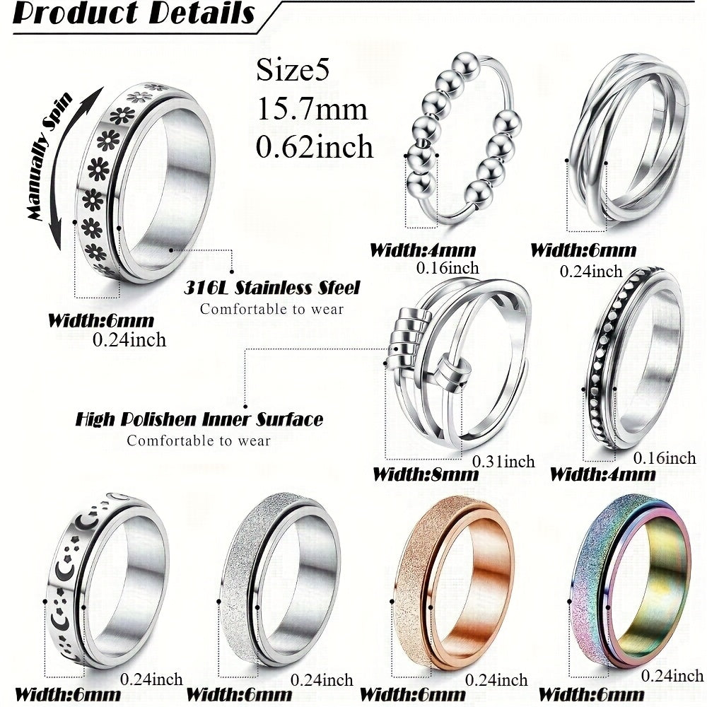 9pcs Fidget Rings for Anxiety 316L Stainless Steel Spinner Ring Anti Anxiety Ring Spinning Moon Star Flower Bead Stress Relieveing Rings for Men, for Teenager