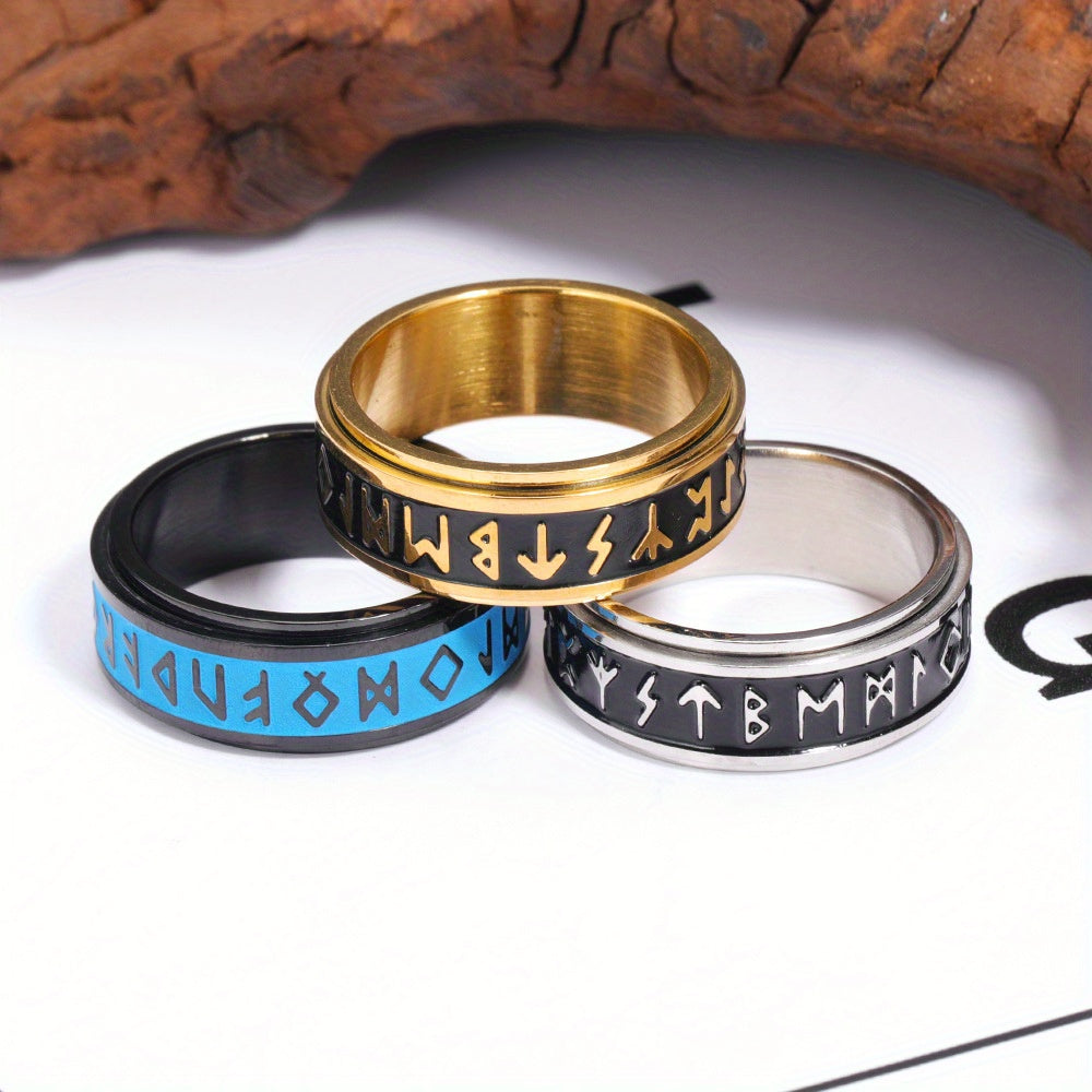 Scandinavian Trendy Viking Letter Rotatable 304L Stainless Steel 's Ring, Fashion Drip Oil Band, for Teenager