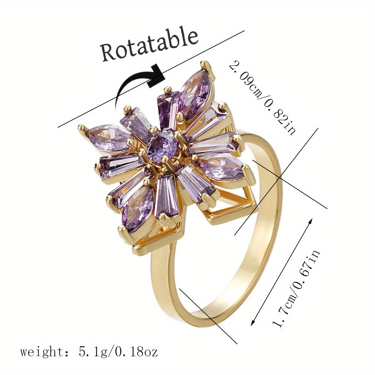 Women's Stainless Steel 360° Rotating Color-Changing Flower Ring - Luxury Multi-Color (Purple, Green, Pink, Red, Clear -Accented) with Rotatable Center, Everyday & Party Jewelry Gift for Birthdays, Christmas, Baptism - Durable & Affordable Rotatable