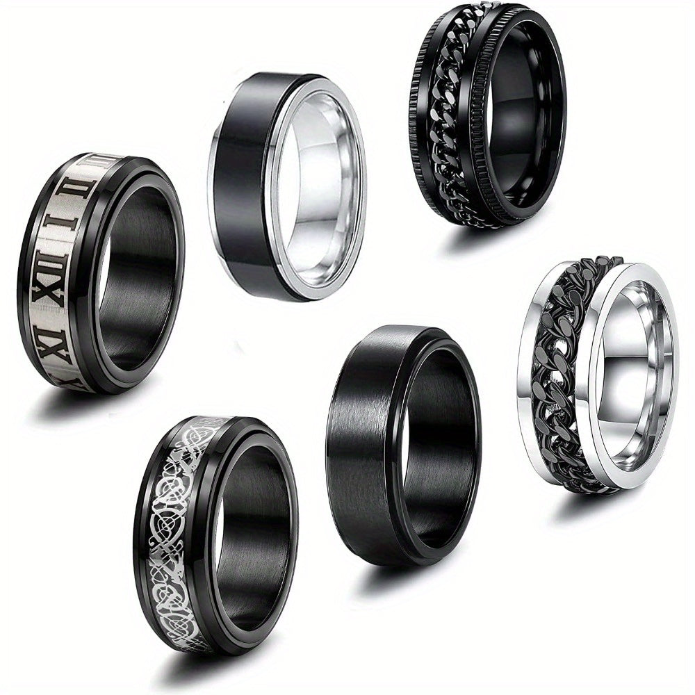 6pcs 316L Stainless Steel Band Rings for Men Women, Black Spinner Rings for Anxiety, Cool Plain Chain Inlaid Fidget Ring Set, Black Mens Wedding Promise Band Ring Pack