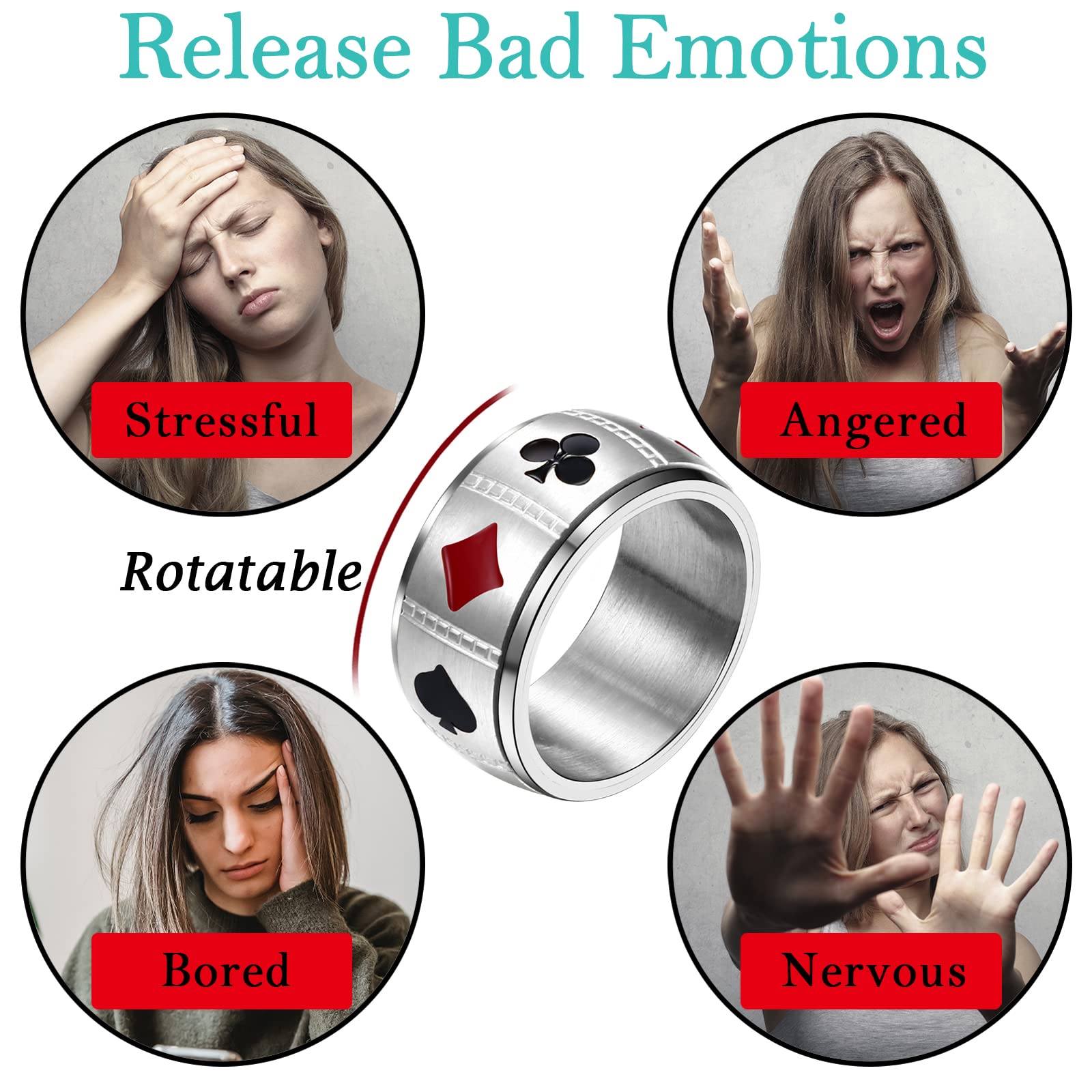 JewelryWe 10mm Poker Spinner Ring Ace Spades Playing Card Rotatable Fidget Anxiety Relief Ring Mens Stainless Steel Bands, Silvery Tone(US 10), Focus Aid, Calming Jewelry, Minimalist Jewelry, Modern Fidget, Smooth Finish, Hypoallergenic Ring, Spinning