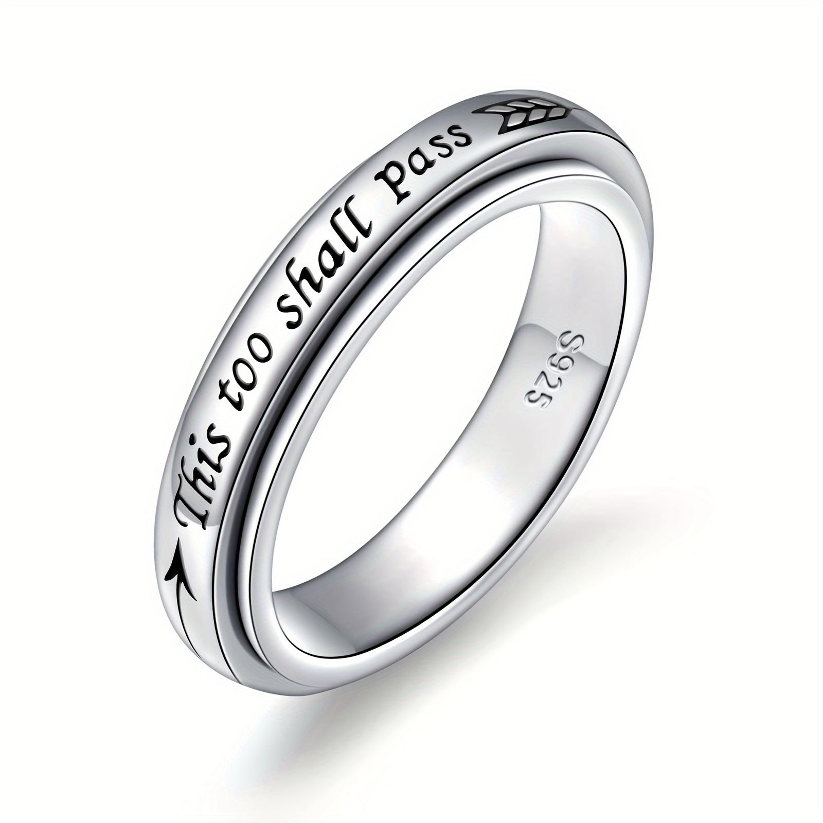 925 Sterling Silver Rotating Ring - "This Too Shall Pass" Quote, Adjustable 5-10 US Size, Bohemian Vintage Style for Women