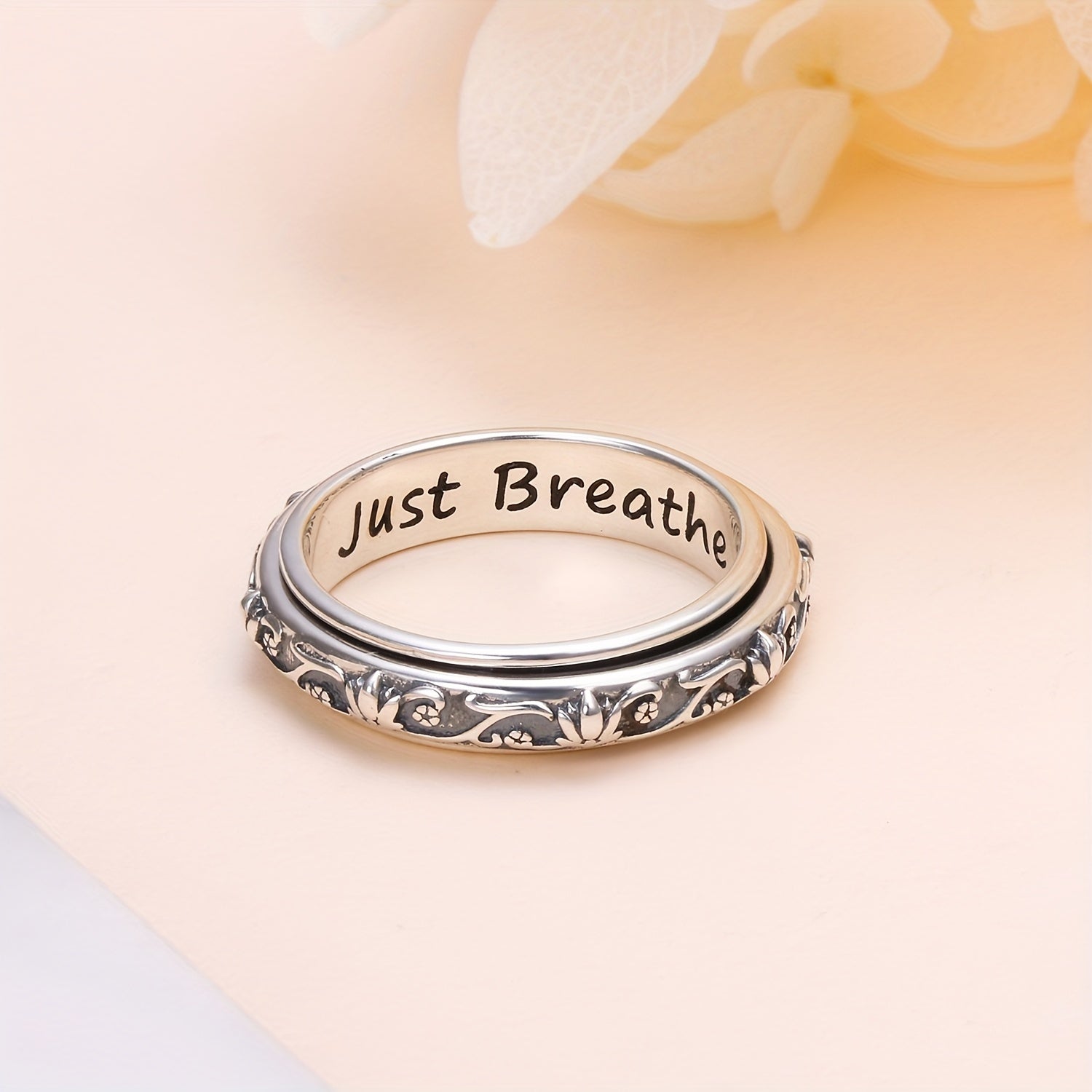 [Sterling Silver Fidget Ring] S925 Sterling Silver Lotus Flower Yoga Ring - Spinner Fidget Ring for Anxiety and ADHD - Oxidized Band for Women