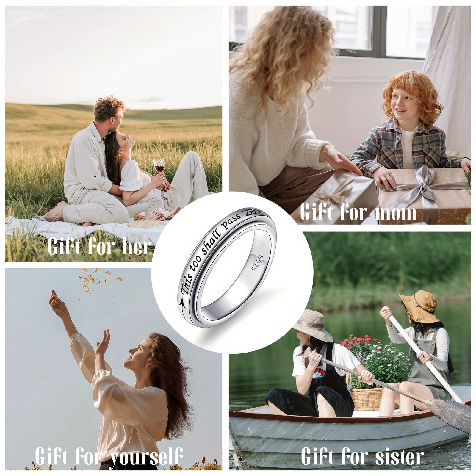 925 Sterling Silver Rotating Ring - "This Too Shall Pass" Quote, Adjustable 5-10 US Size, Bohemian Vintage Style for Women