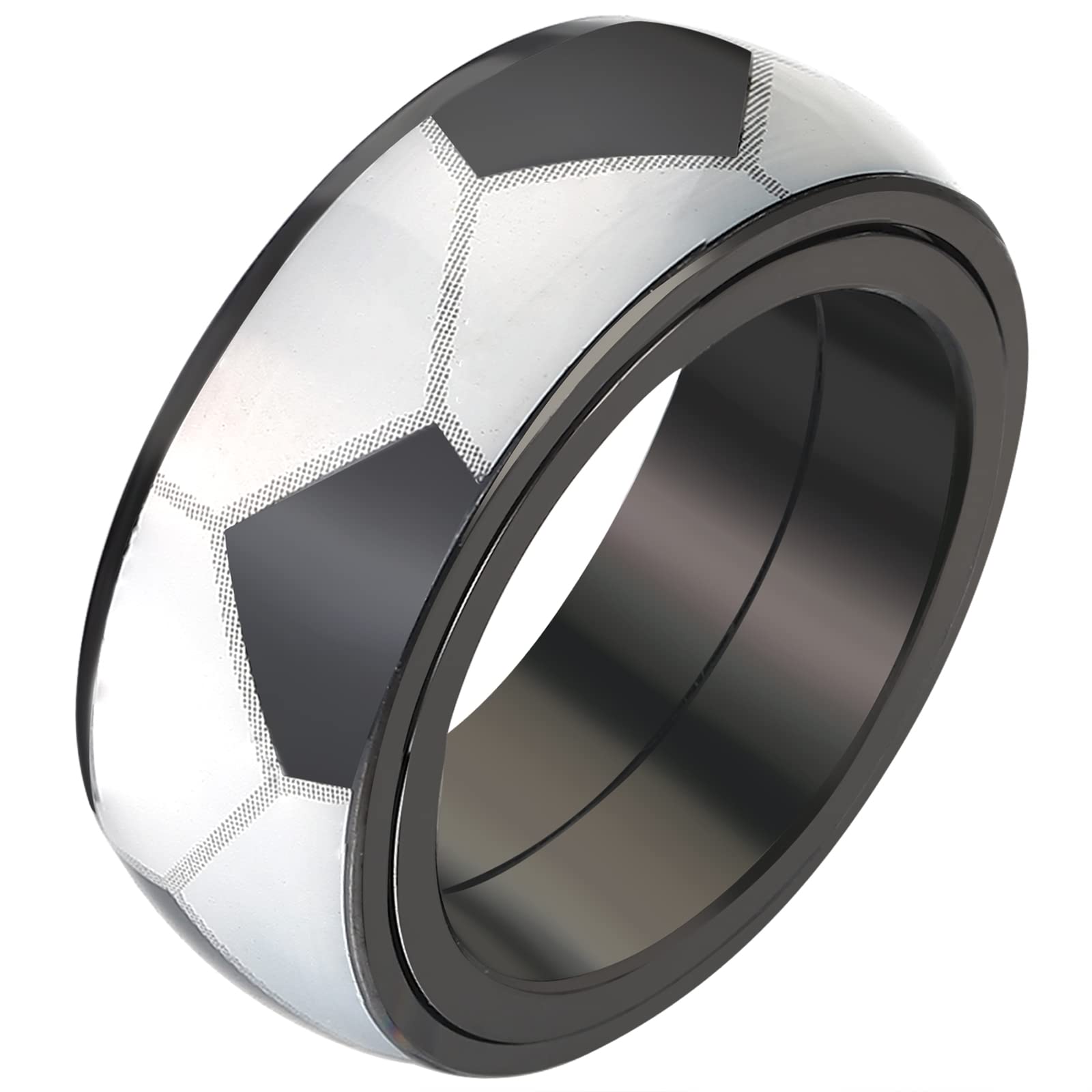 JewelryWe 8mm Spinner Fidget Ring - Stainless Steel Anxiety Ring for Men & Women, Fashion Sports Basketball/Football/Rugby/Baseball Pattern, Black Edge Red Line Ring, Rotatable Design, Durable & Stylish Accessory for Sports & Casual Wear, Sports