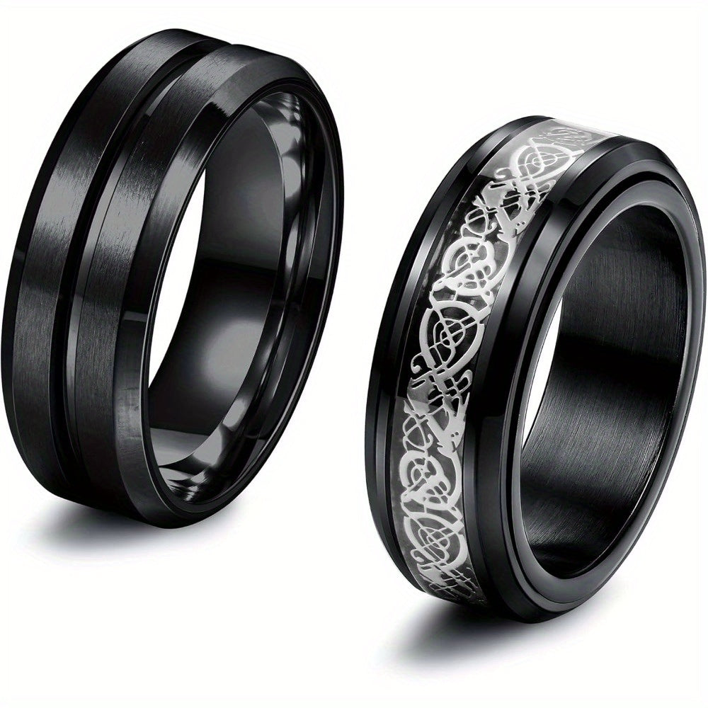 [Stainless Steel Spinner Rings] 2pcs 316L Stainless Steel Spinner Rings | Black & Red/Blue Celtic Dragon Fidget Rings for Anxiety Relief, Y2K Style Adjustable Chain Design, Durable Jewelry for Relax & Fidgeting, Fidget Spinners for Adults, Focus Aid Tool,