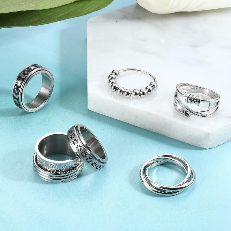 6pcs Stainless Steel Spinner Ring - Anti Anxiety Fidget Rings for Women Men - Cool Stress Relieving Spinning Moon Star Rings to Match Your Daily Outfits
