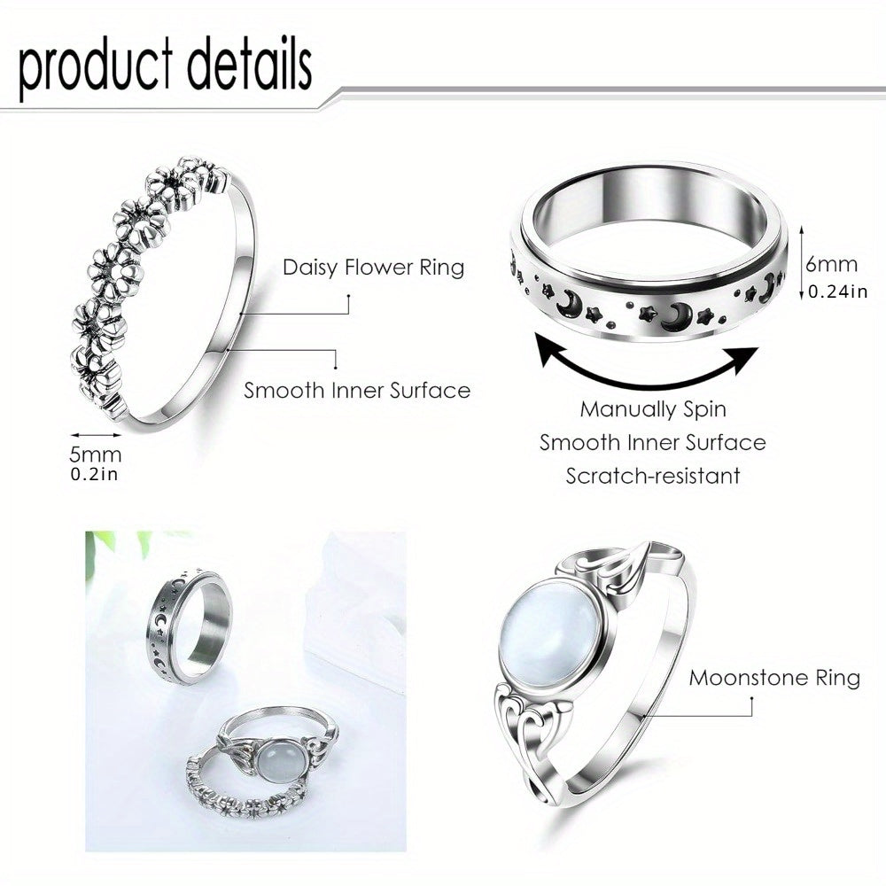 3 PCS Stainless Steel Fidget Band Ring For Women Spinner Rings Moonstone Solitaire Ring Daisy Flower Ring Set