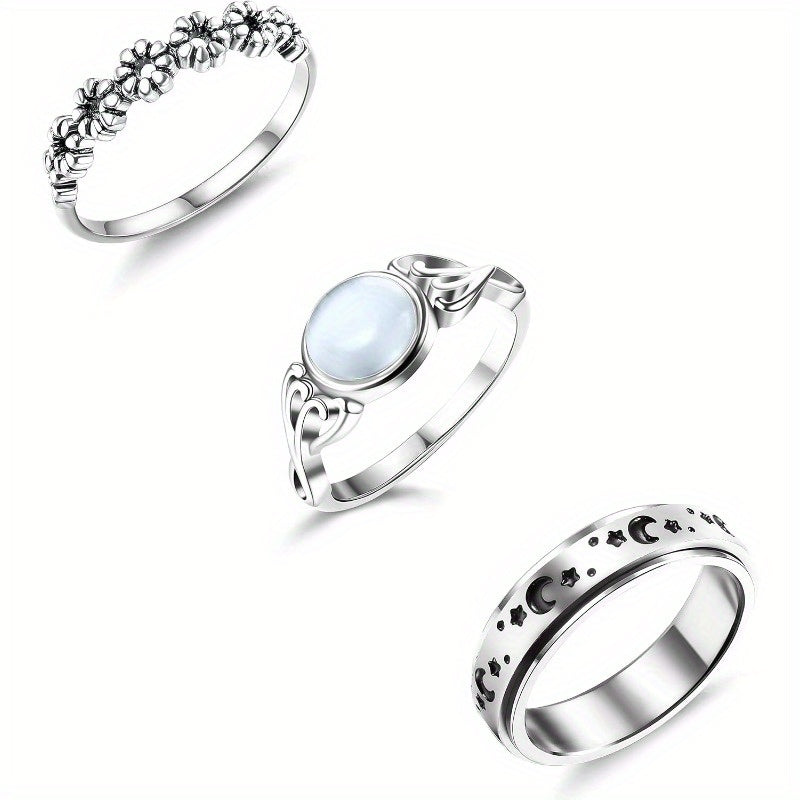 3 PCS Stainless Steel Fidget Band Ring For Women Spinner Rings Moonstone Solitaire Ring Daisy Flower Ring Set