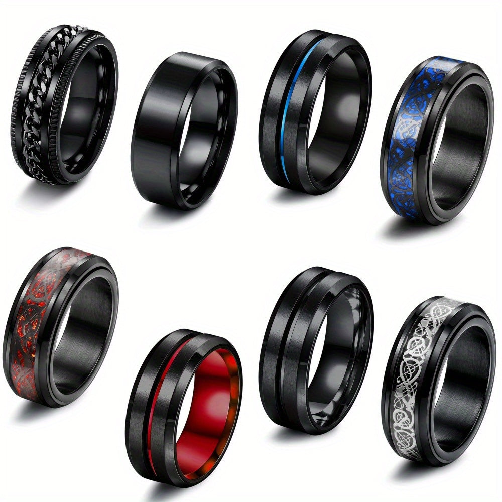 [Stainless Steel Spinner Rings] 2pcs 316L Stainless Steel Spinner Rings | Black & Red/Blue Celtic Dragon Fidget Rings for Anxiety Relief, Y2K Style Adjustable Chain Design, Durable Jewelry for Relax & Fidgeting, Fidget Spinners for Adults, Focus Aid Tool,