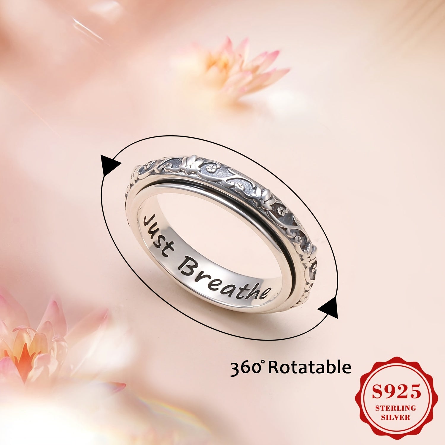 [Sterling Silver Fidget Ring] S925 Sterling Silver Lotus Flower Yoga Ring - Spinner Fidget Ring for Anxiety and ADHD - Oxidized Band for Women