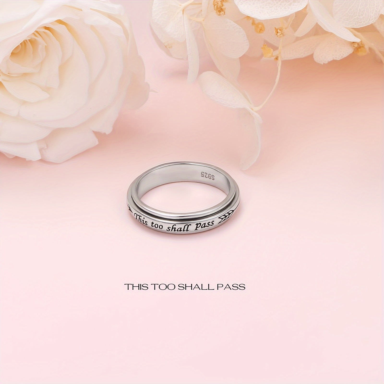 925 Sterling Silver Rotating Ring - "This Too Shall Pass" Quote, Adjustable 5-10 US Size, Bohemian Vintage Style for Women