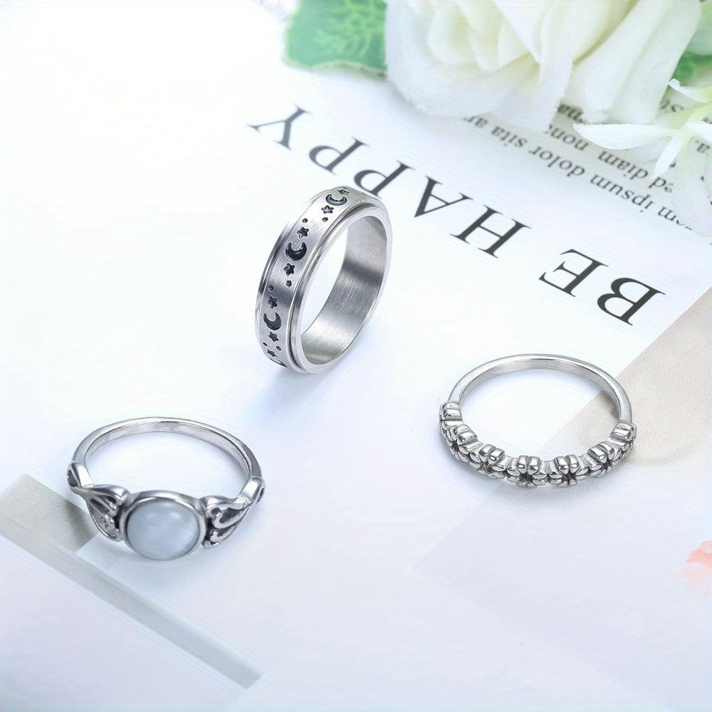 3 PCS Stainless Steel Fidget Band Ring For Women Spinner Rings Moonstone Solitaire Ring Daisy Flower Ring Set