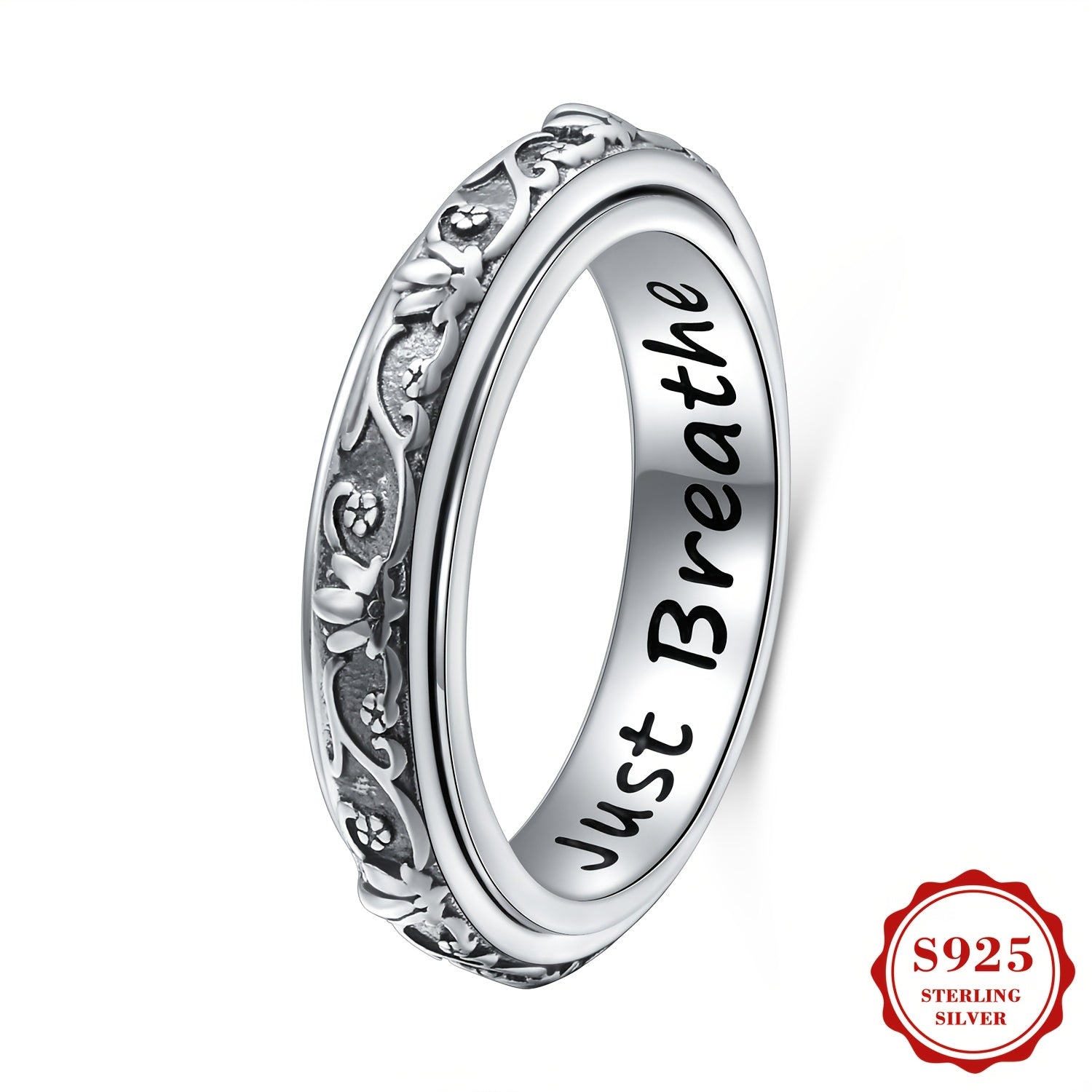 [Sterling Silver Fidget Ring] S925 Sterling Silver Lotus Flower Yoga Ring - Spinner Fidget Ring for Anxiety and ADHD - Oxidized Band for Women