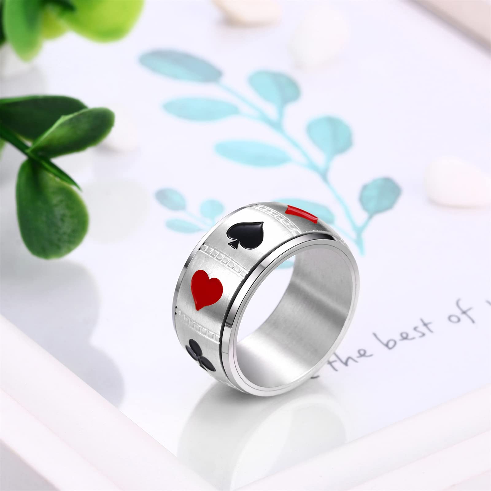 JewelryWe 10mm Poker Spinner Ring Ace Spades Playing Card Rotatable Fidget Anxiety Relief Ring Mens Stainless Steel Bands, Silvery Tone(US 10), Focus Aid, Calming Jewelry, Minimalist Jewelry, Modern Fidget, Smooth Finish, Hypoallergenic Ring, Spinning