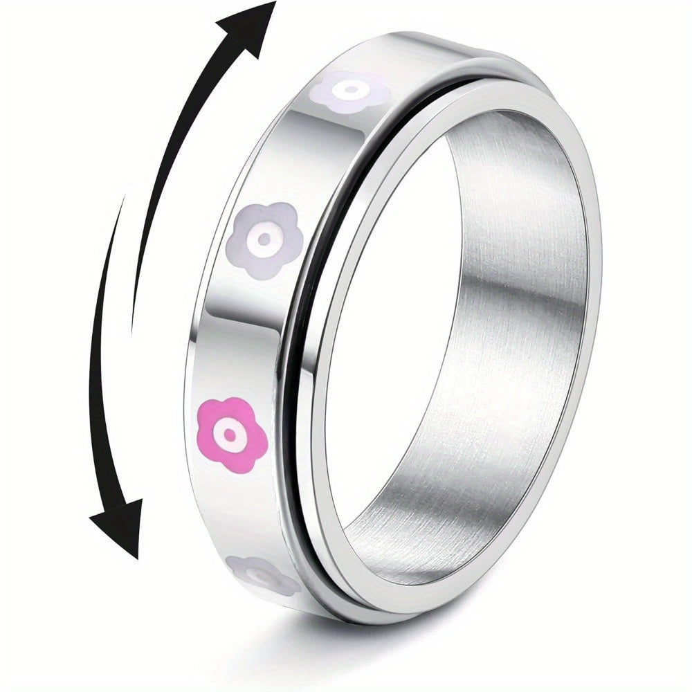 [Stress Relieving Spinner Ring] 316L Stainless Steel Spinner Ring | 1pc Anxiety Fidget Band Ring for Men & Teenagers, Stress Relieving Flower Happy Face Ring
