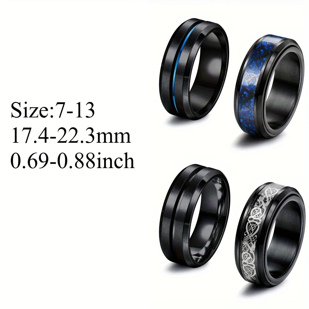 [Stainless Steel Spinner Rings] 2pcs 316L Stainless Steel Spinner Rings | Black & Red/Blue Celtic Dragon Fidget Rings for Anxiety Relief, Y2K Style Adjustable Chain Design, Durable Jewelry for Relax & Fidgeting, Fidget Spinners for Adults, Focus Aid Tool,