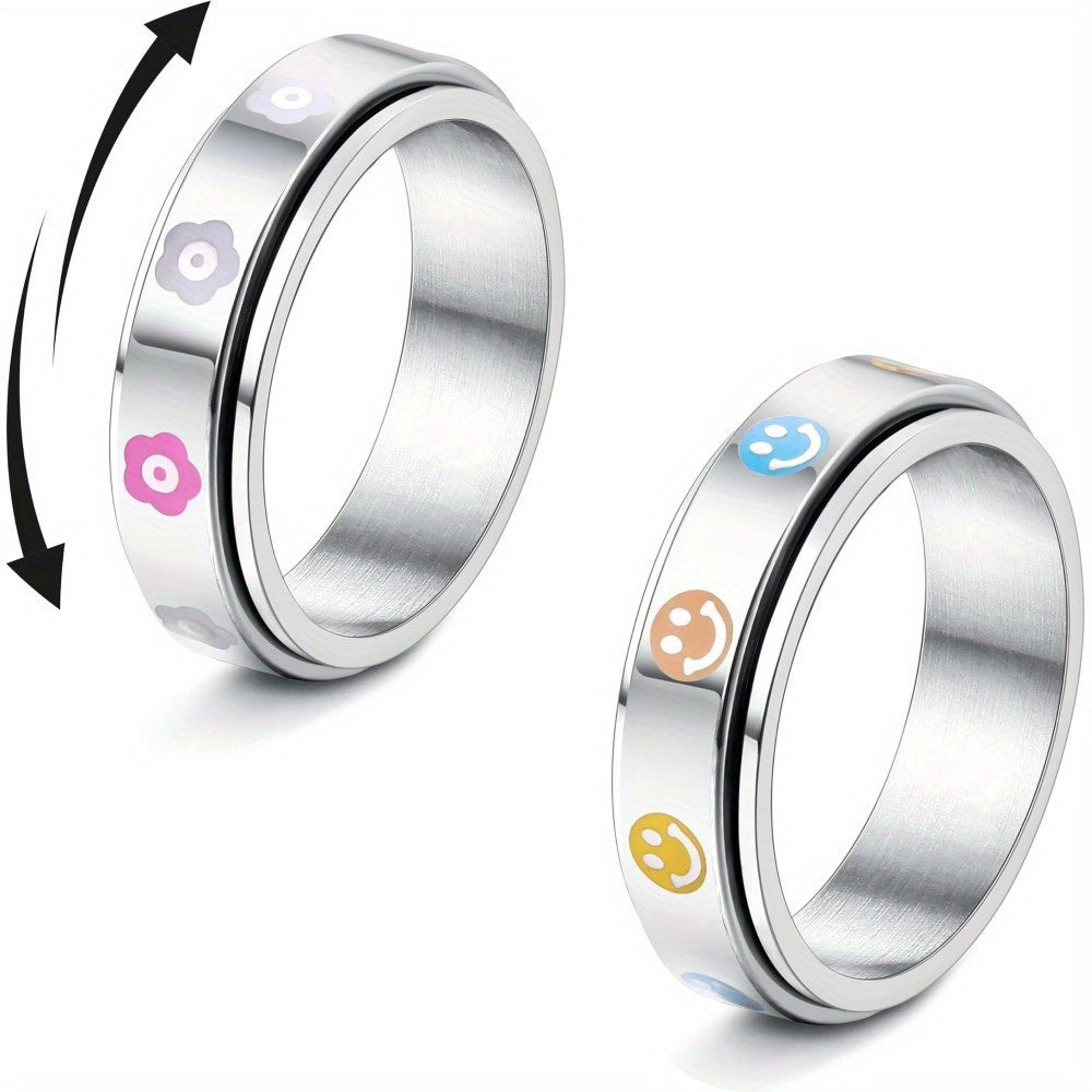 [Stress Relieving Spinner Ring] 316L Stainless Steel Spinner Ring | 1pc Anxiety Fidget Band Ring for Men & Teenagers, Stress Relieving Flower Happy Face Ring