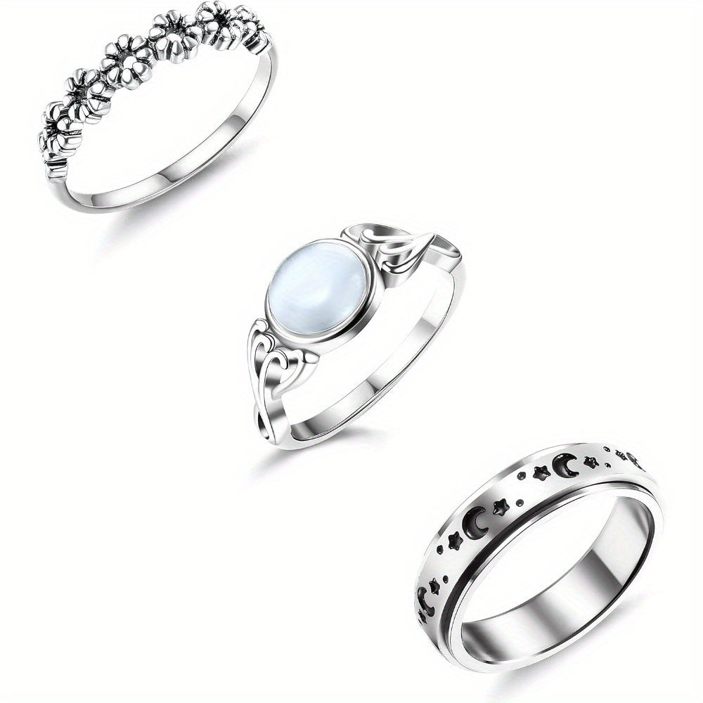 3 PCS Stainless Steel Fidget Band Ring For Women Spinner Rings Moonstone Solitaire Ring Daisy Flower Ring Set
