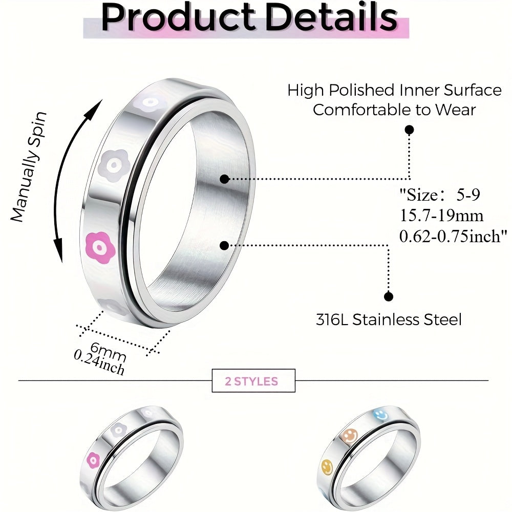 [Stress Relieving Spinner Ring] 316L Stainless Steel Spinner Ring | 1pc Anxiety Fidget Band Ring for Men & Teenagers, Stress Relieving Flower Happy Face Ring