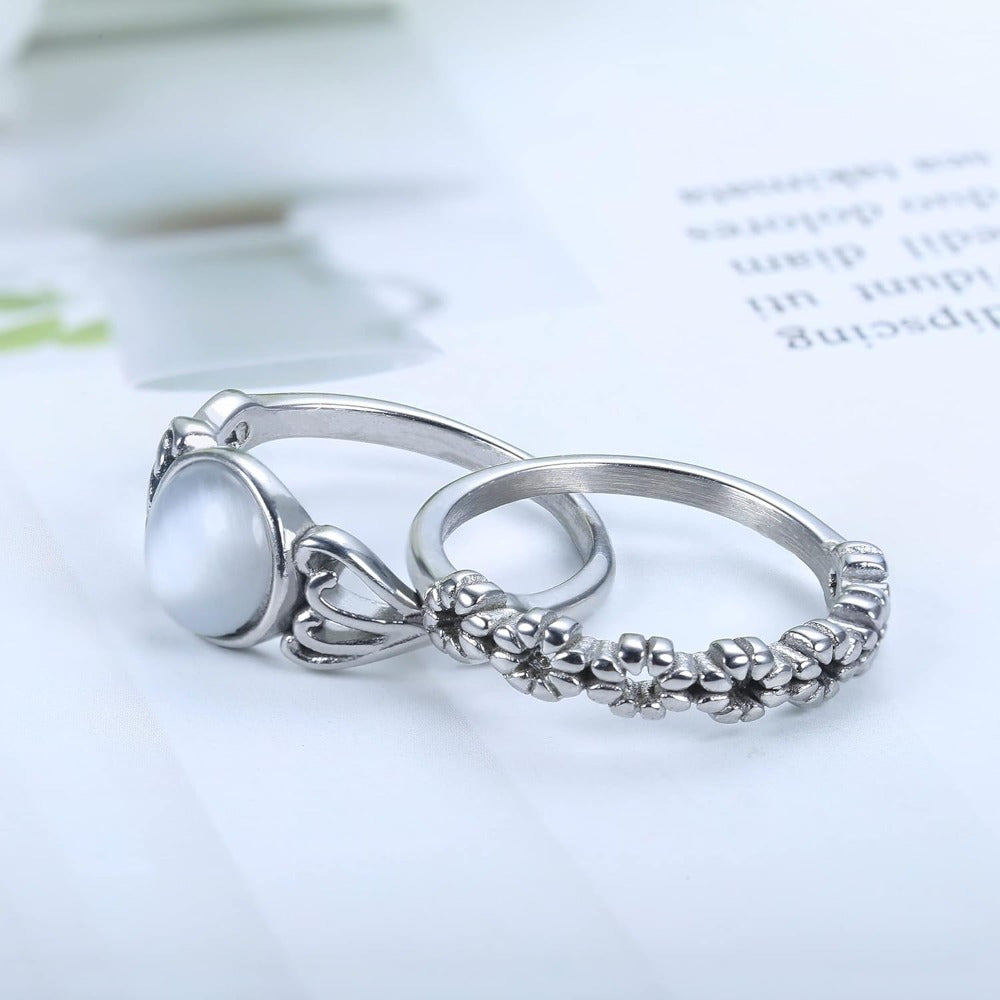 3 PCS Stainless Steel Fidget Band Ring For Women Spinner Rings Moonstone Solitaire Ring Daisy Flower Ring Set