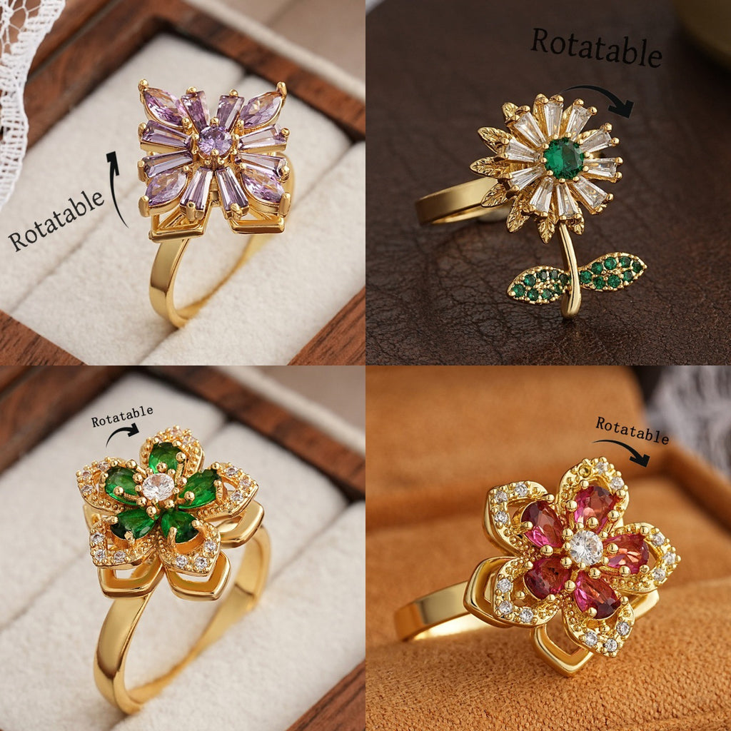 Women's Stainless Steel 360° Rotating Color-Changing Flower Ring - Luxury Multi-Color (Purple, Green, Pink, Red, Clear -Accented) with Rotatable Center, Everyday & Party Jewelry Gift for Birthdays, Christmas, Baptism - Durable & Affordable Rotatable